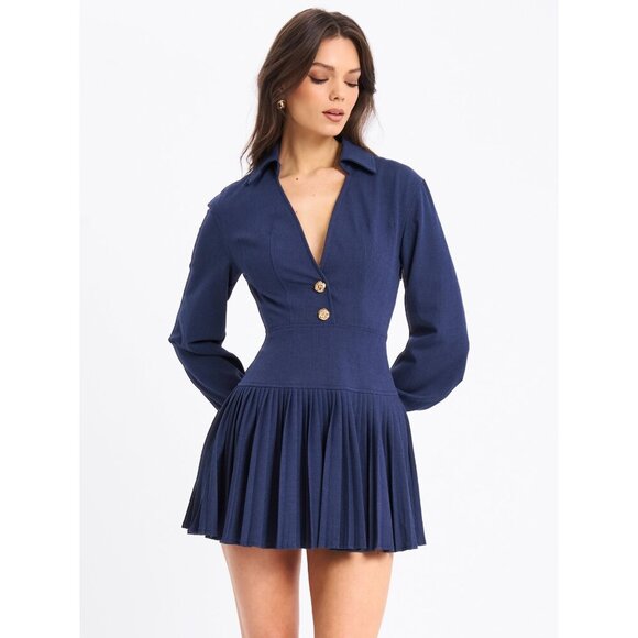 Val Navy Blue Denim Style Pleated Mini Dress - Picture 1 of 16